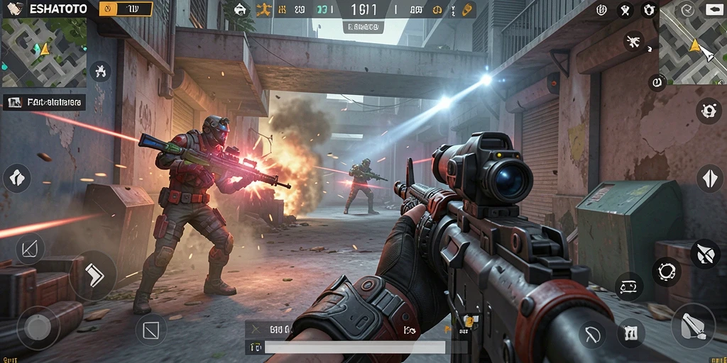 Screenshot menampilkan aksi seru dalam ESHATOTO dengan gameplay FPS yang intens.
